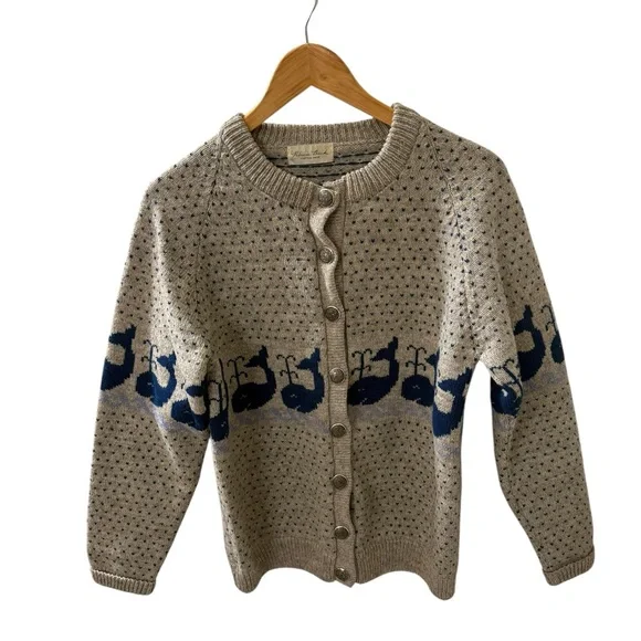 Patricia Buck Maine Knitted Sweater Size L Blue Spouting Whales Silver Buttons - Picture 1 of 5